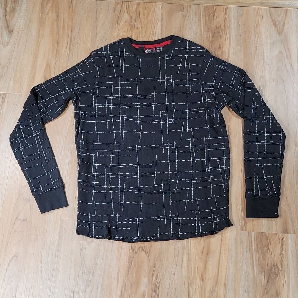 🔺️Black Abstract Print Thermal Knit Long Sleeve Top Men's Small